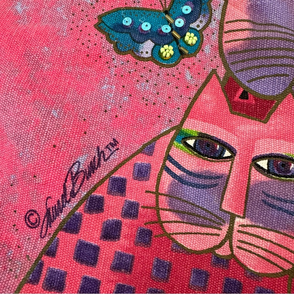 Laurel Burch Cat Tote large handbag pink purple beaded water resistant lined - Picture 4 of 11